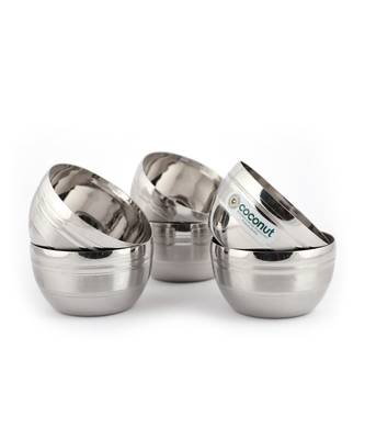 coconut Stainless Steel Ringer Apple Bowl/Vati/Katori - Set of 6 (9 cm Diameter) - Capacity Each Bowl - 250 ML 1
