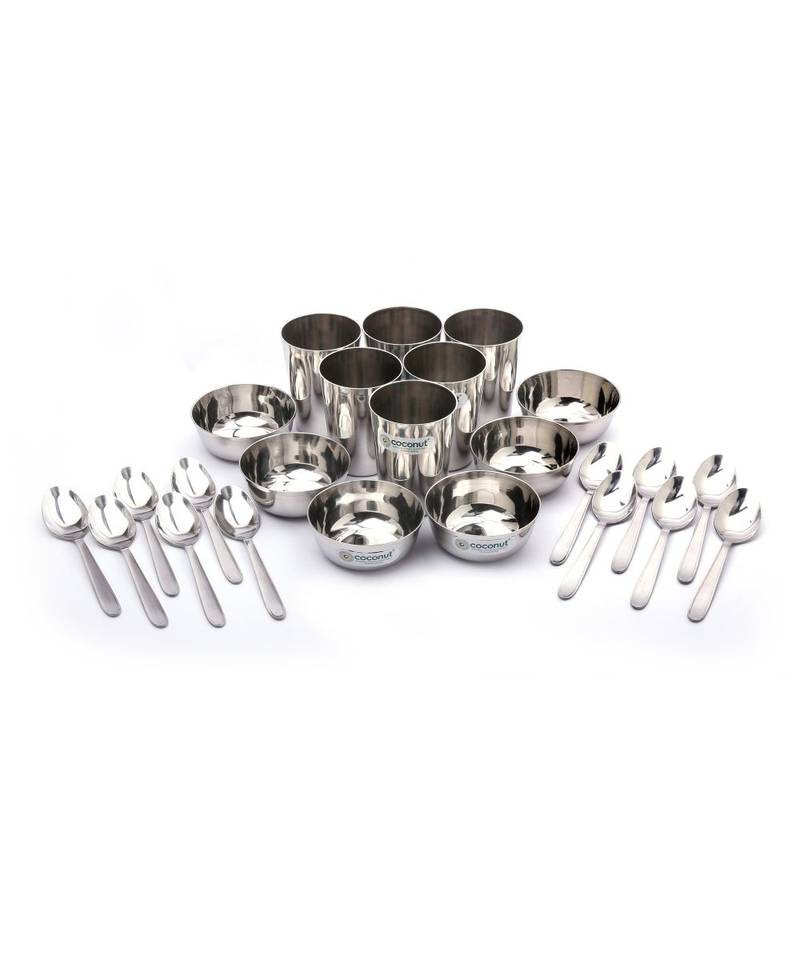 coconut Stainless Steel (Heavy Guage) Mirror Finish Happy Dinner Set/Dinnerware & Serveware - 30 Pc