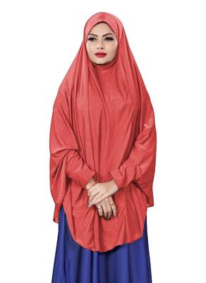 Peach JSDC Stitched Hosiery Lycra Chaderi Hijab with Veil and Sleeves 1