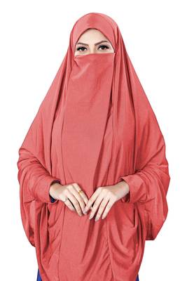 Peach JSDC Stitched Hosiery Lycra Chaderi Hijab with Veil and Sleeves 2