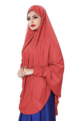 Peach JSDC Stitched Hosiery Lycra Chaderi Hijab with Veil and Sleeves 3