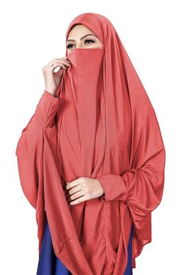 Peach JSDC Stitched Hosiery Lycra Chaderi Hijab with Veil and Sleeves 4
