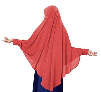 Peach JSDC Stitched Hosiery Lycra Chaderi Hijab with Veil and Sleeves 5