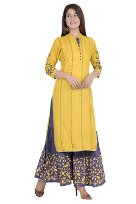 Yellow printed rayon diwali-kurtis 1