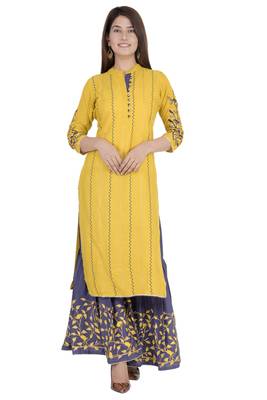 Yellow printed rayon diwali-kurtis 2