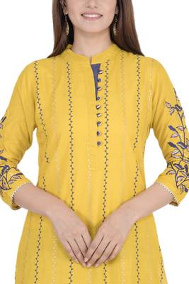 Yellow printed rayon diwali-kurtis 4