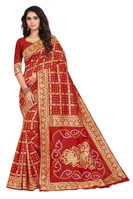 Red printed banarasi cotton saree with blouse 1
