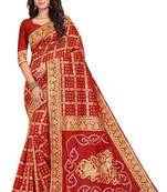 Red printed banarasi cotton saree with blouse