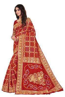 Red printed banarasi cotton saree with blouse 2