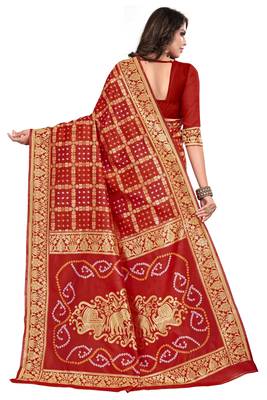 Red printed banarasi cotton saree with blouse 3