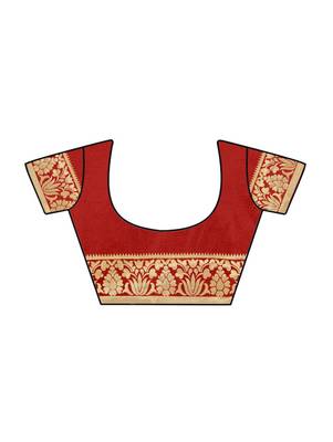 Red printed banarasi cotton saree with blouse 4