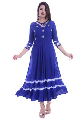 Women Long Gwon Gotta Patti Work Rayon Long Kurta Kurtis Anarkali Suits Blue 1