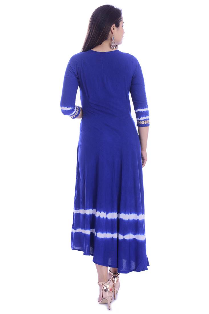 Women Long Gwon Gotta Patti Work Rayon Long Kurta Kurtis Anarkali Suits Blue