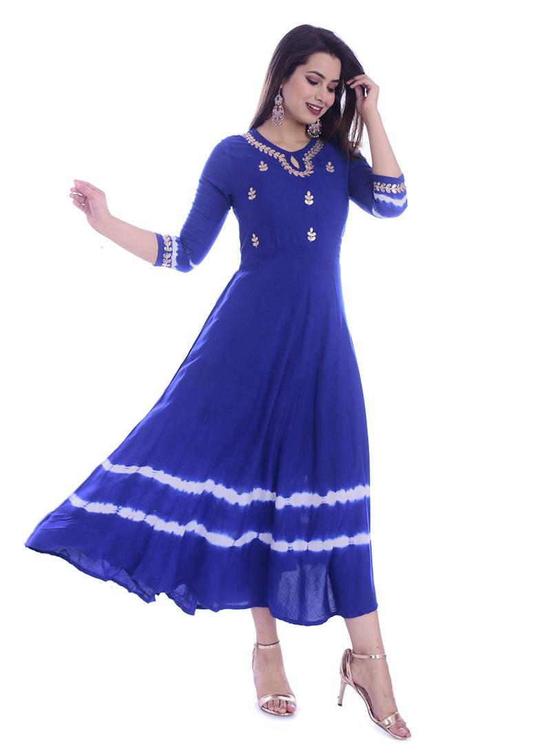Women Long Gwon Gotta Patti Work Rayon Long Kurta Kurtis Anarkali Suits Blue