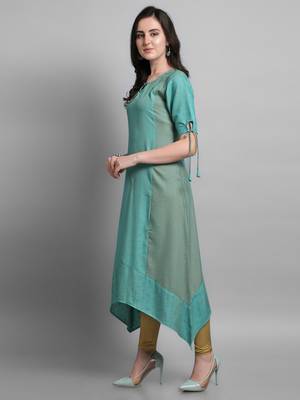 Turquoise woven rayon kurtas-and-kurtis 3