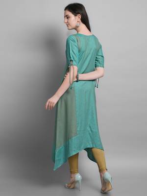 Turquoise woven rayon kurtas-and-kurtis 4