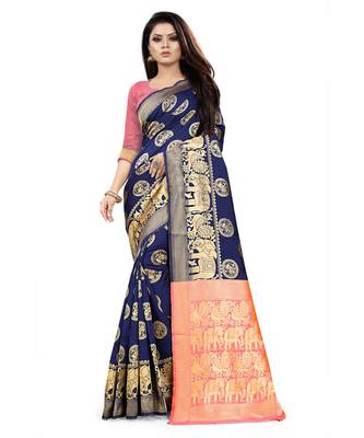 Navy Blue Art Silk Banarasi Woven Saree 1