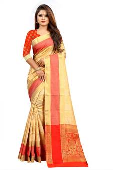 Off White Art Silk Banarasi Woven Saree