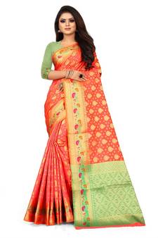 Peach Art Silk Banarasi Woven Saree