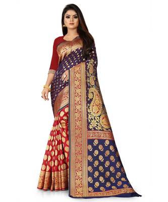 Navy Blue Art Silk Banarasi Woven Saree 1