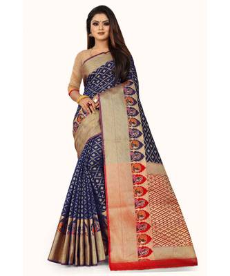 Navy Blue Art Silk Banarasi Woven Saree 1