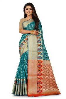 Turquoise Art Silk Banarasi Woven Saree