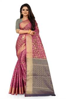 Pink Art Silk Banarasi Woven Saree