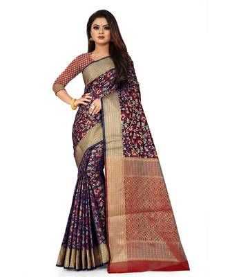 Navy Blue Art Silk Banarasi Woven Saree 1