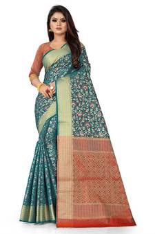 Turquoise Art Silk Banarasi Woven Saree