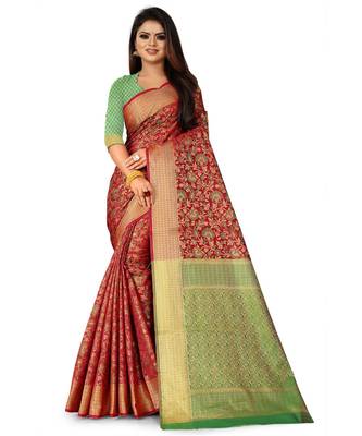 Red Art Silk Banarasi Woven Saree 1