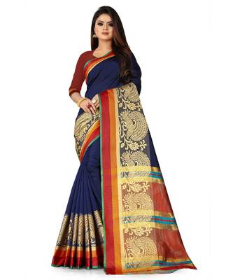 Navy Blue Art Silk Banarasi Woven Saree 1