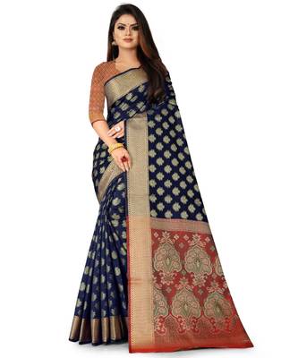 Navy Blue Art Silk Banarasi Woven Saree 1
