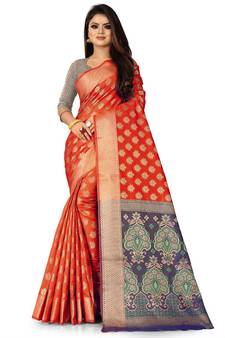Orange Art Silk Banarasi Woven Saree
