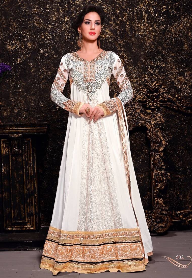 Off White embroidered georgette semi stitched salwar with dupatta