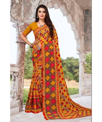 yellow printed chiffon saree with blouse 1