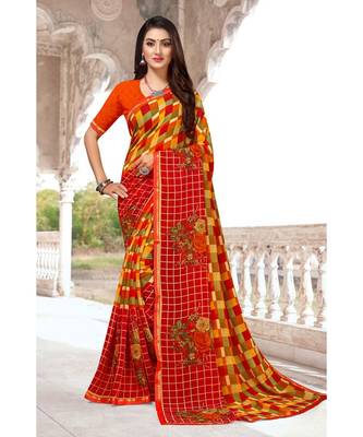 orange printed chiffon saree with blouse 1