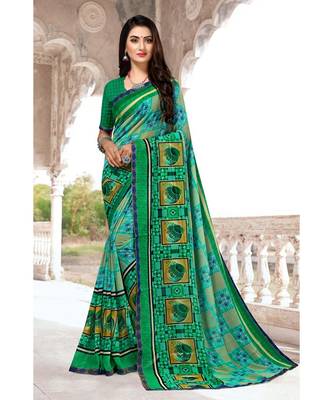 green printed chiffon saree with blouse 1