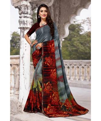 grey printed chiffon saree with blouse 1