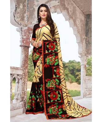 cream printed chiffon saree with blouse 1