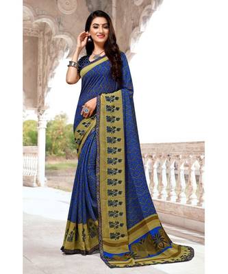blue printed chiffon saree with blouse 1