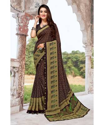 brown printed chiffon saree with blouse 1