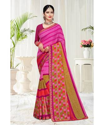 pink printed chiffon saree with blouse 1
