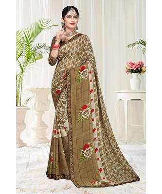 brown printed chiffon saree with blouse 1