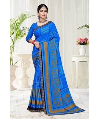 blue printed chiffon saree with blouse 1