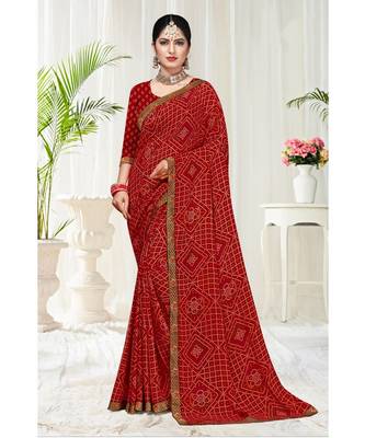 red printed chiffon saree with blouse 1