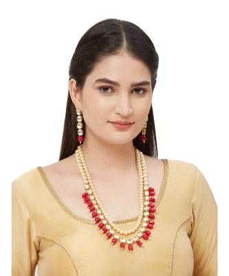 Kundan Necklace With Cream Moti Long Necklace Set 1