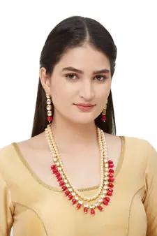 Kundan Necklace With Cream Moti Long Necklace Set