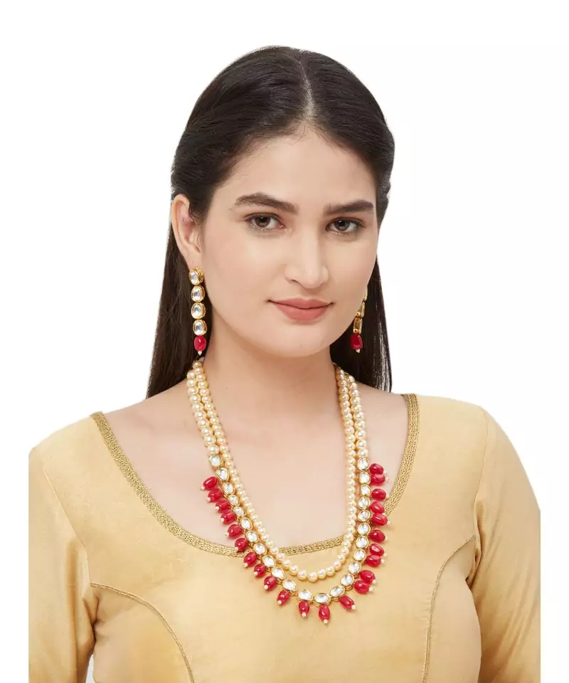 Kundan Necklace With Cream Moti Long Necklace Set