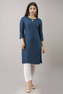 18 FOREVER V R FOR U Women Solid Straight Rayon Kurta and Kurti Sea Blue 1