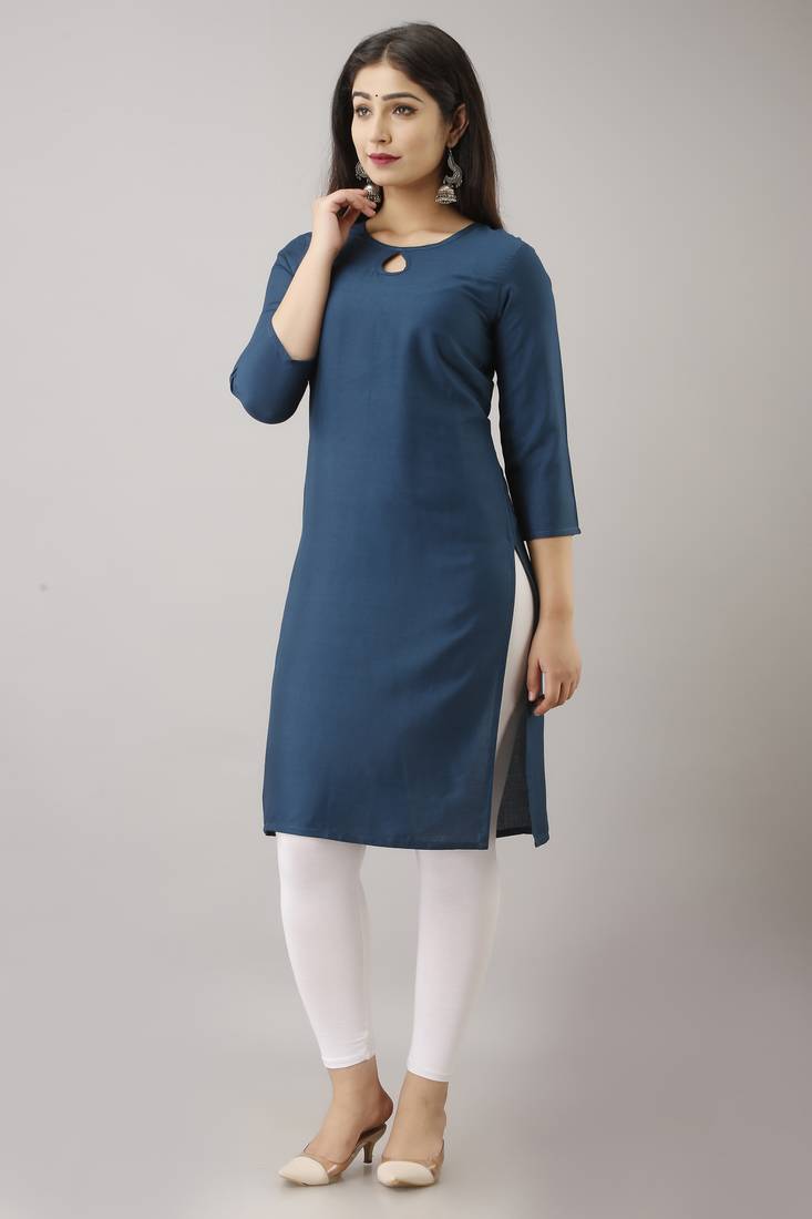 18 FOREVER V R FOR U Women Solid Straight Rayon Kurta and Kurti Sea Blue